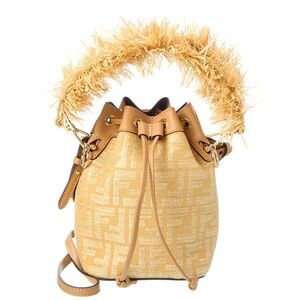 Fendi Mon Tresor Mini Raffia & Leather Bucket Bag, Beige